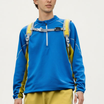 Men's Long Sleeve Half Zip Pullover Top with Textured Knit Fabric and Contrast Panel Detailing