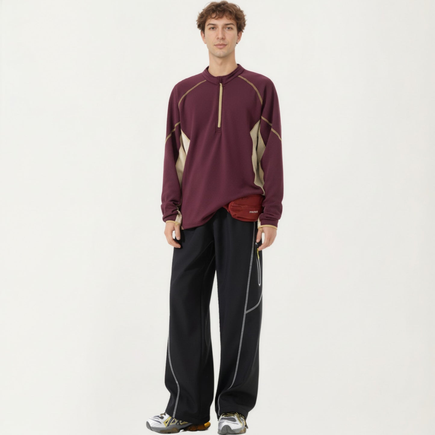 Men's Long Sleeve Half Zip Pullover Top with Textured Knit Fabric and Contrast Panel Detailing