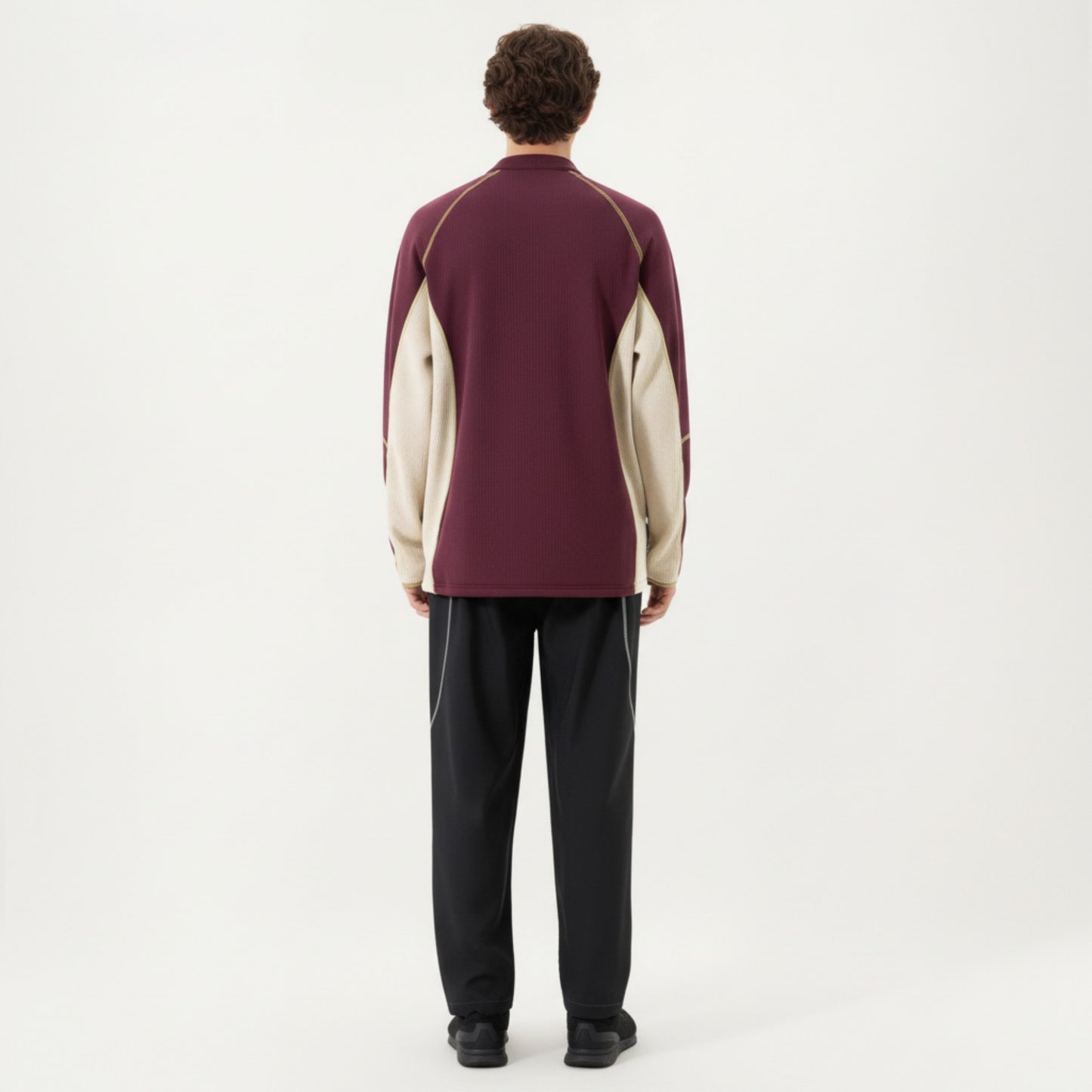 Men's Long Sleeve Half Zip Pullover Top with Textured Knit Fabric and Contrast Panel Detailing