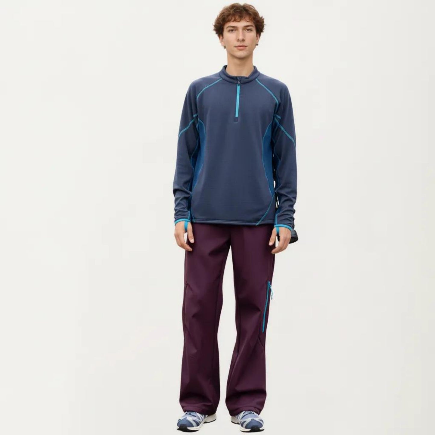 Men's Long Sleeve Half Zip Pullover Top with Textured Knit Fabric and Contrast Panel Detailing