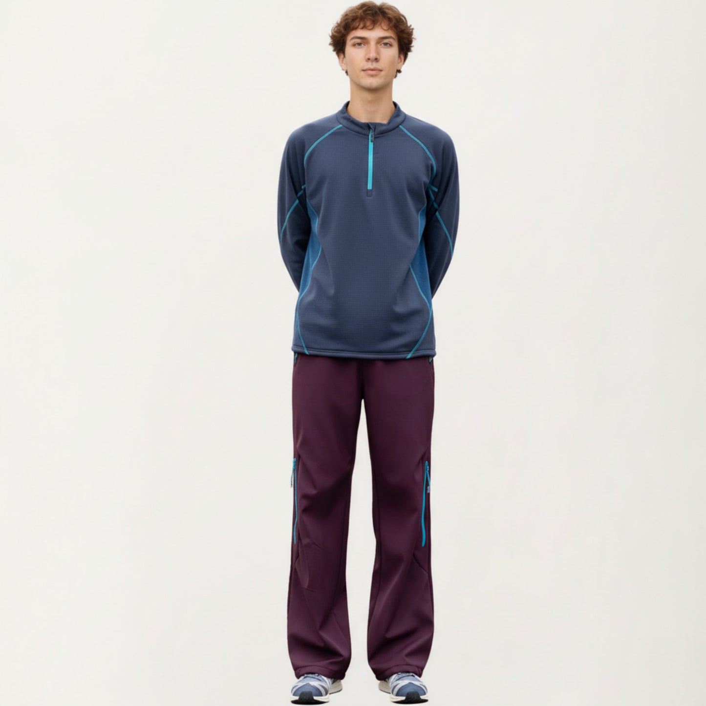 Men's Long Sleeve Half Zip Pullover Top with Textured Knit Fabric and Contrast Panel Detailing