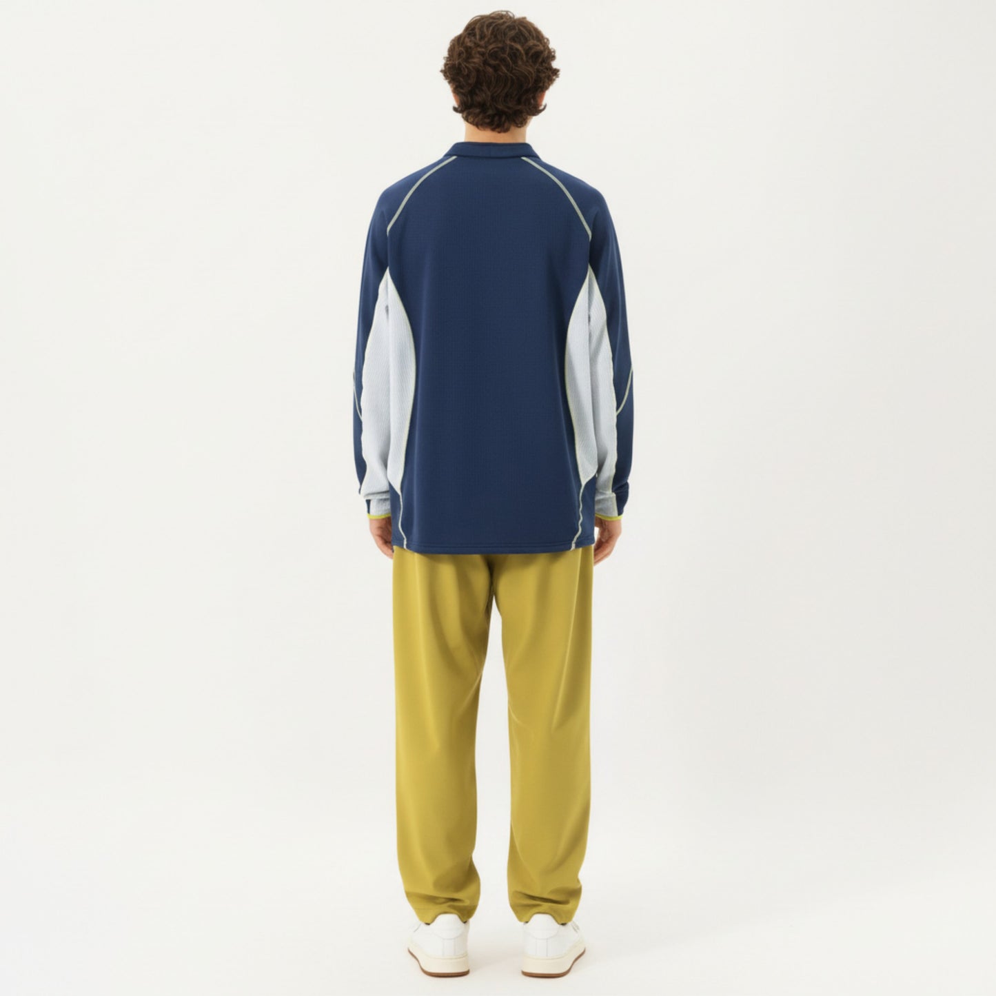 Men's Long Sleeve Half Zip Pullover Top with Textured Knit Fabric and Contrast Panel Detailing