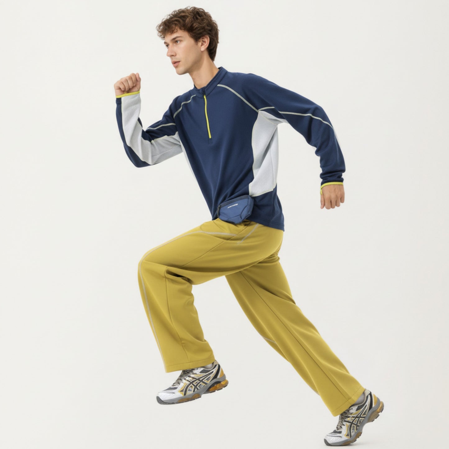 Men's Long Sleeve Half Zip Pullover Top with Textured Knit Fabric and Contrast Panel Detailing