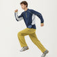 Men's Long Sleeve Half Zip Pullover Top with Textured Knit Fabric and Contrast Panel Detailing
