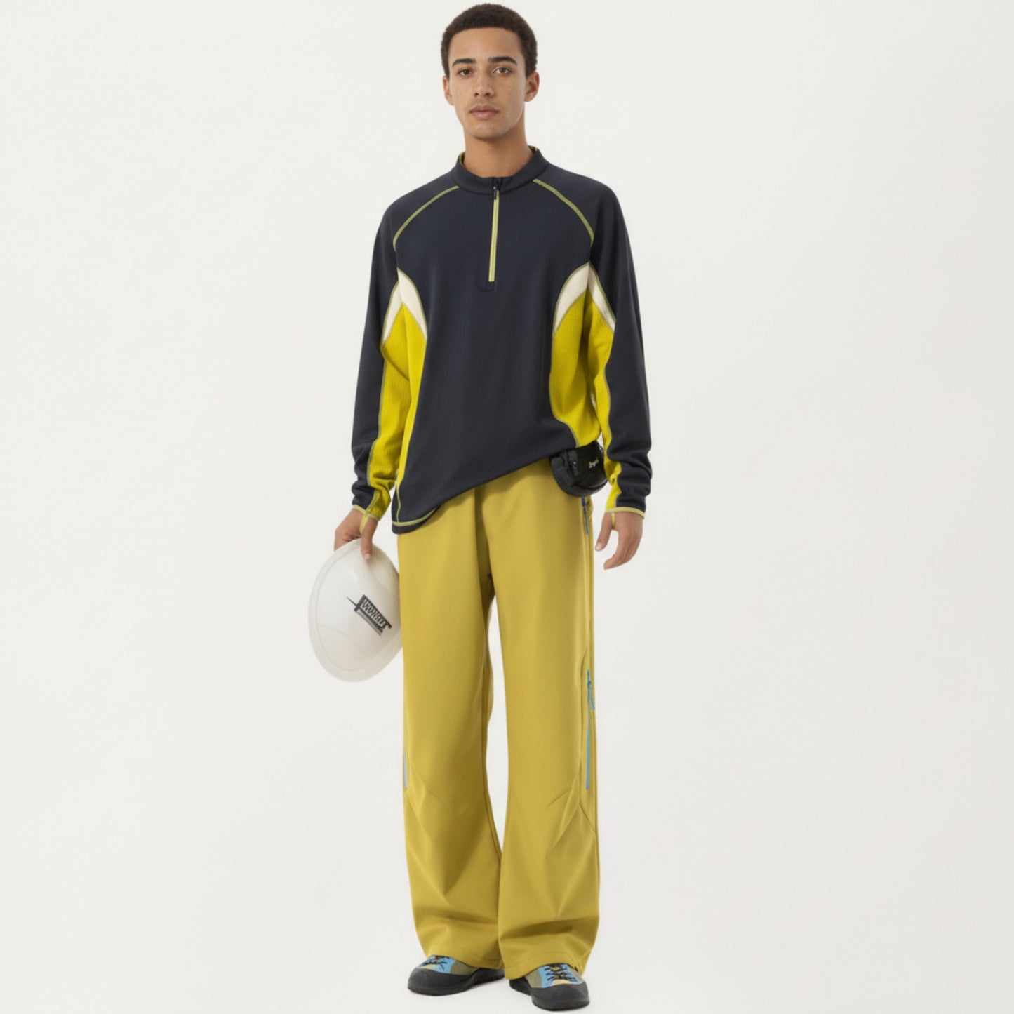 Men's Long Sleeve Half Zip Pullover Top with Color Block Panels and Contrast Seam Detailing