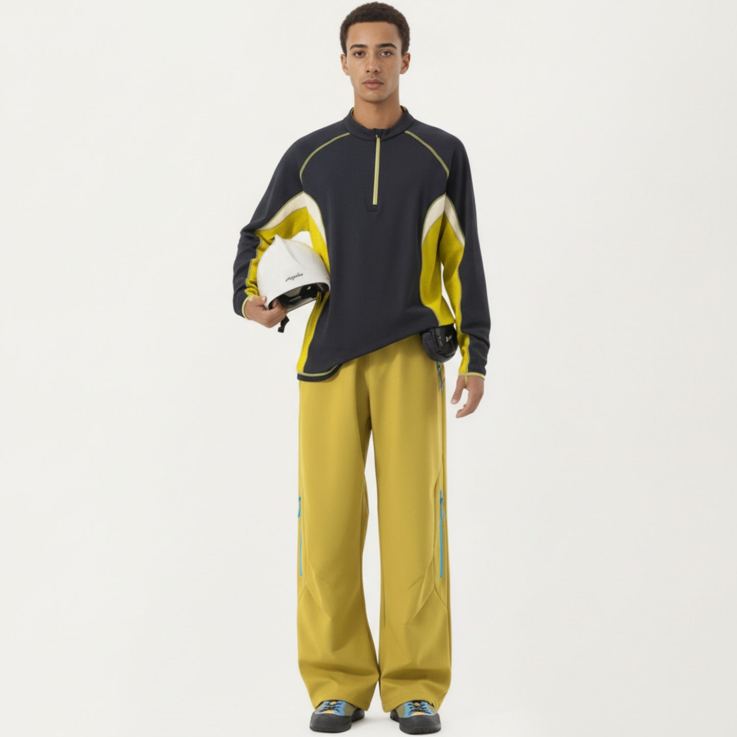 Men's Long Sleeve Half Zip Pullover Top with Color Block Panels and Contrast Seam Detailing
