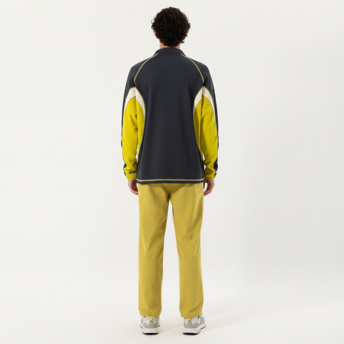 Men's Long Sleeve Half Zip Pullover Top with Color Block Panels and Contrast Seam Detailing