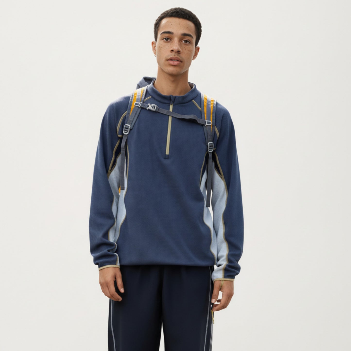 Men's Long Sleeve Half Zip Pullover Top with Color Block Panels and Contrast Seam Detailing