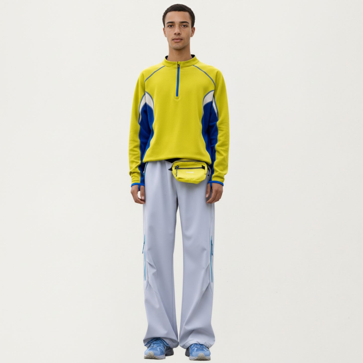 Men's Long Sleeve Half Zip Pullover Top with Color Block Panels and Contrast Seam Detailing