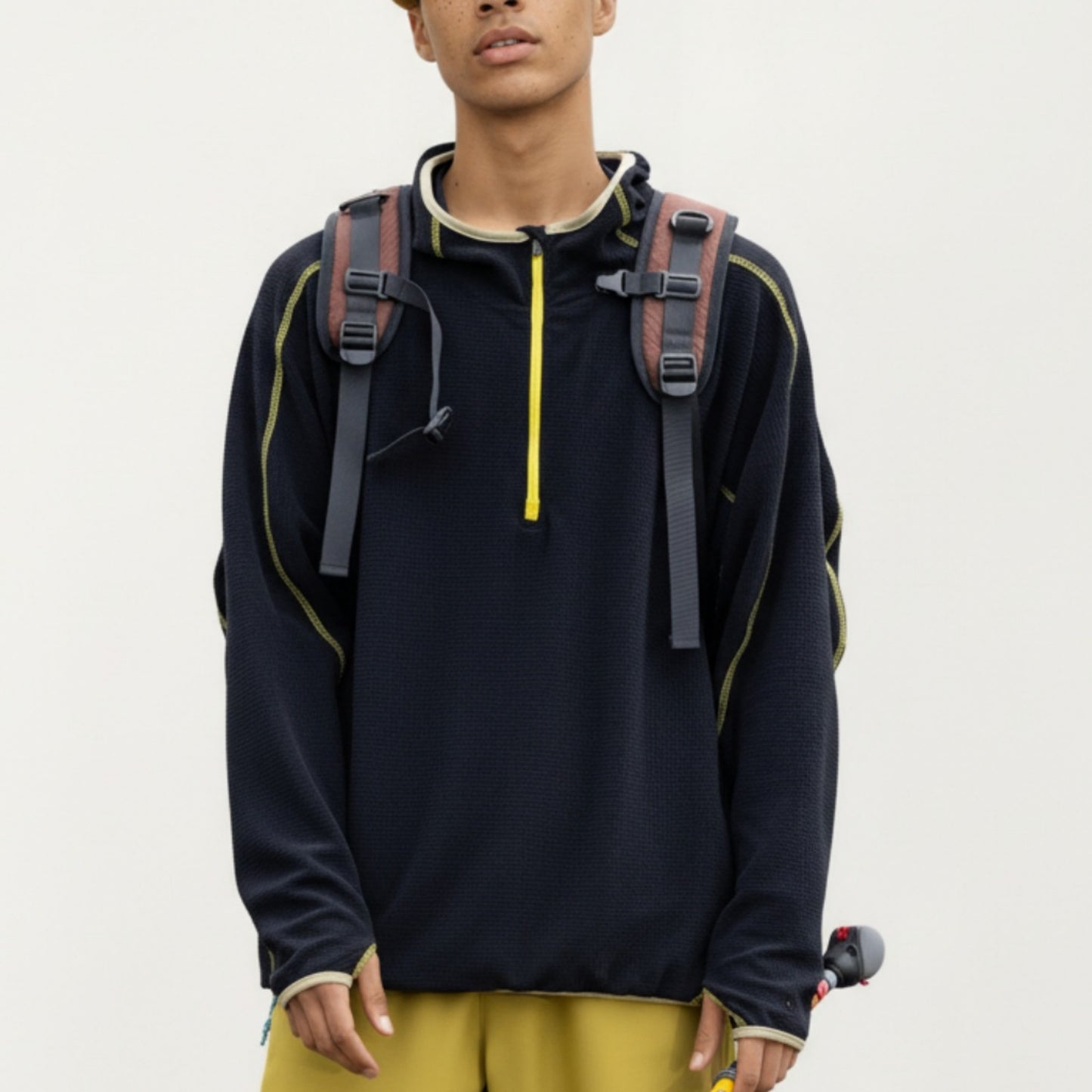 Men's Hooded Long Sleeve Pullover Top with Half Zip Front and Contrast Seam Detailing