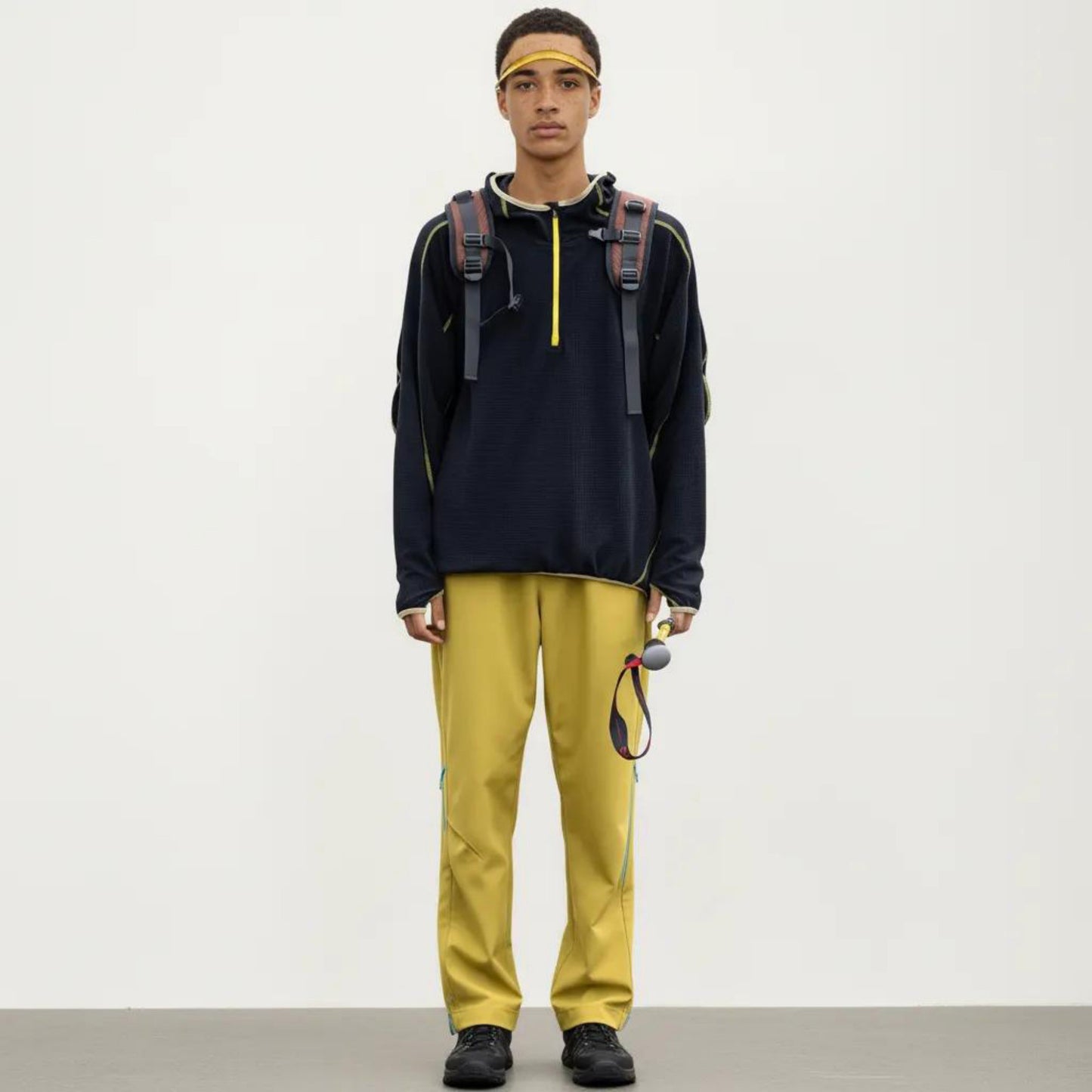 Men's Hooded Long Sleeve Pullover Top with Half Zip Front and Contrast Seam Detailing