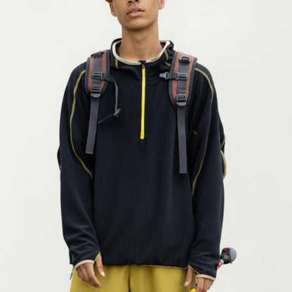 Men's Hooded Long Sleeve Pullover Top with Half Zip Front and Contrast Seam Detailing