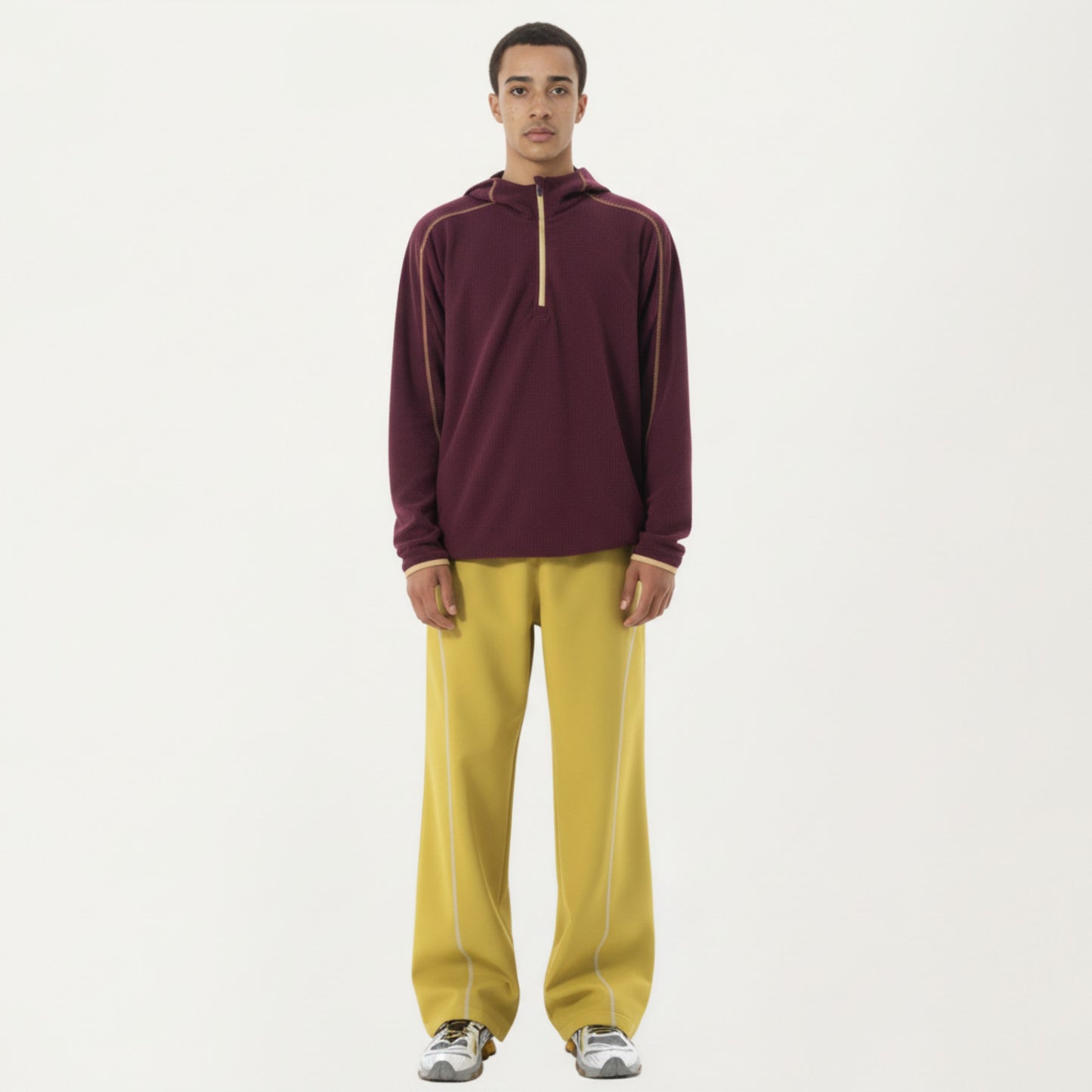 Men's Hooded Long Sleeve Pullover Top with Half Zip Front and Contrast Seam Detailing
