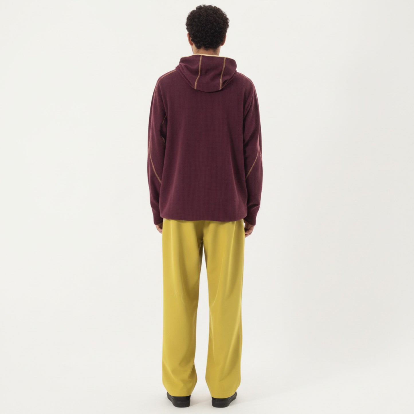 Men's Hooded Long Sleeve Pullover Top with Half Zip Front and Contrast Seam Detailing