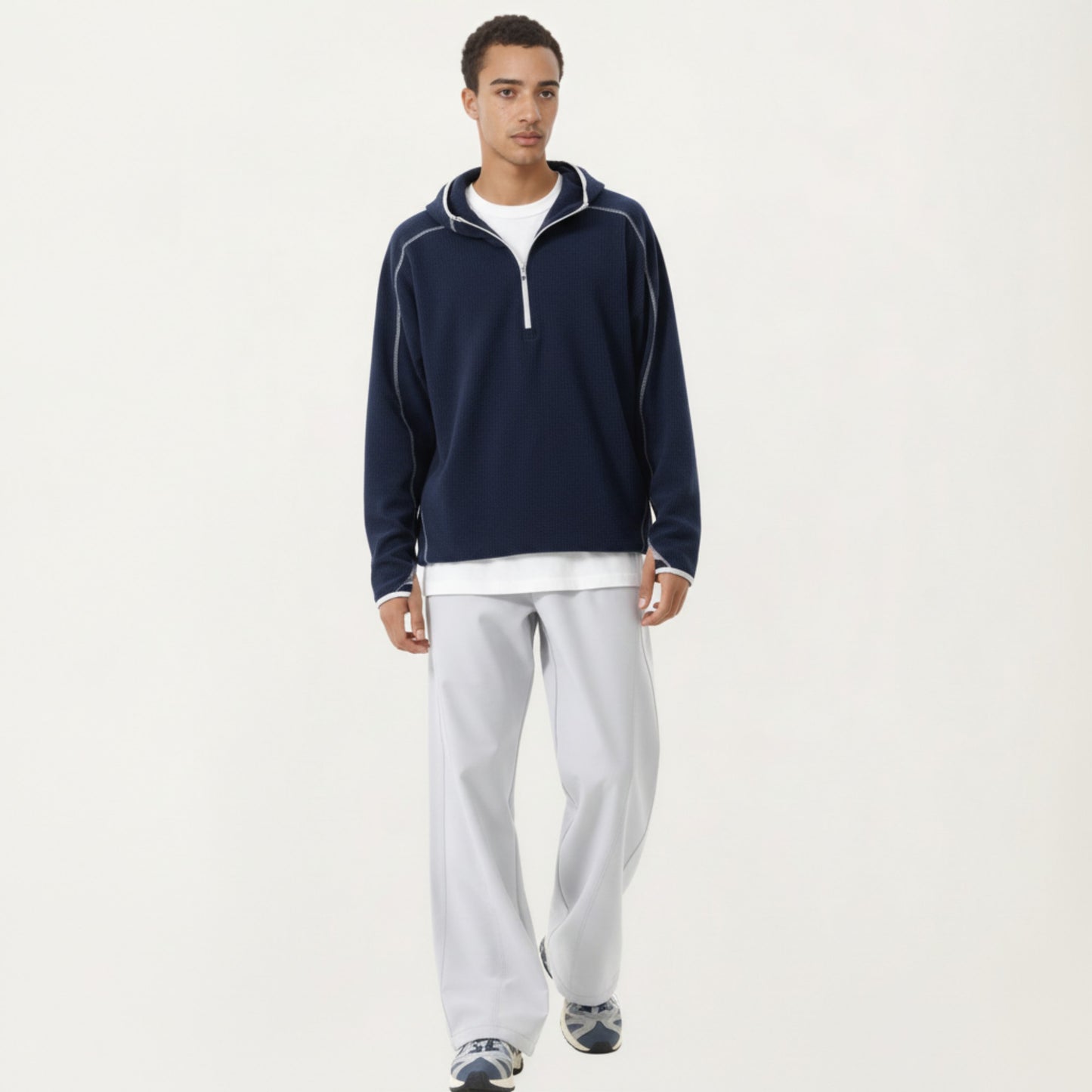 Men's Hooded Long Sleeve Pullover Top with Half Zip Front and Contrast Seam Detailing