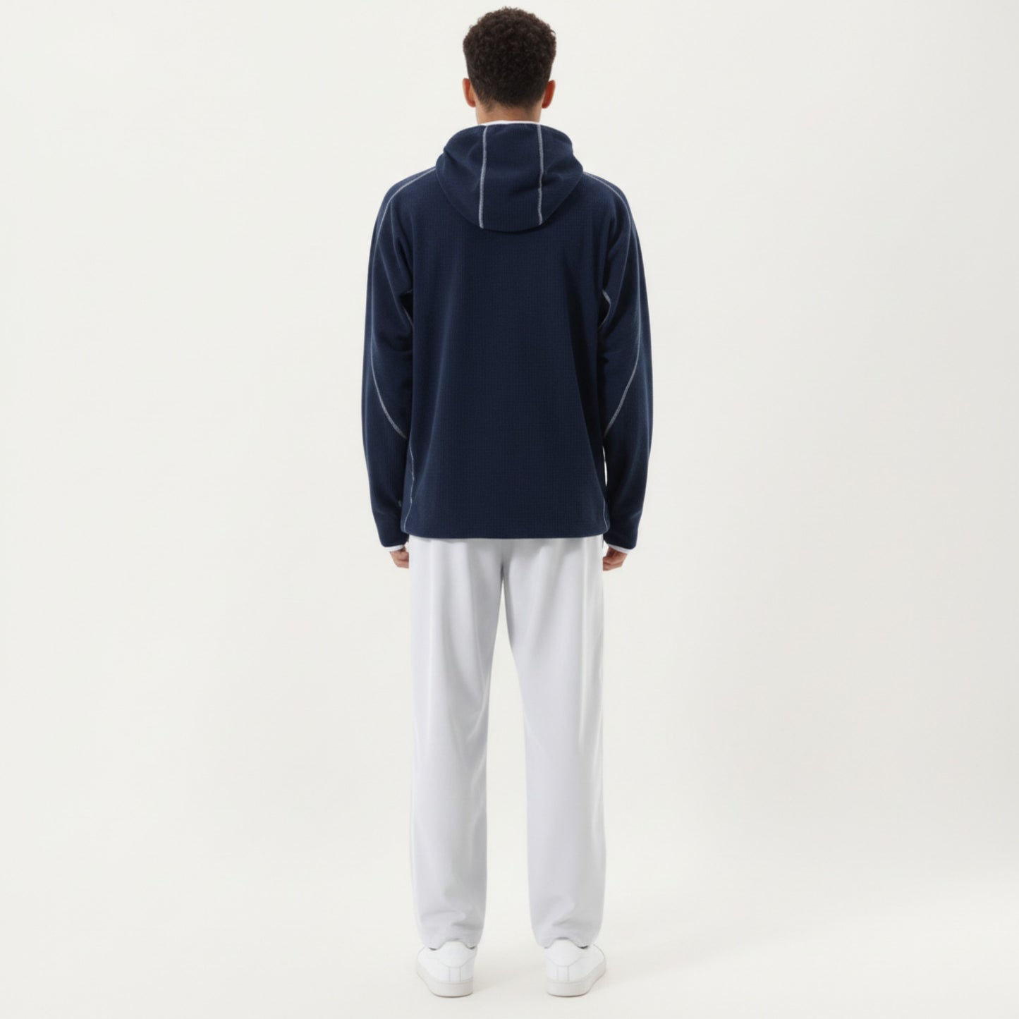 Men's Hooded Long Sleeve Pullover Top with Half Zip Front and Contrast Seam Detailing
