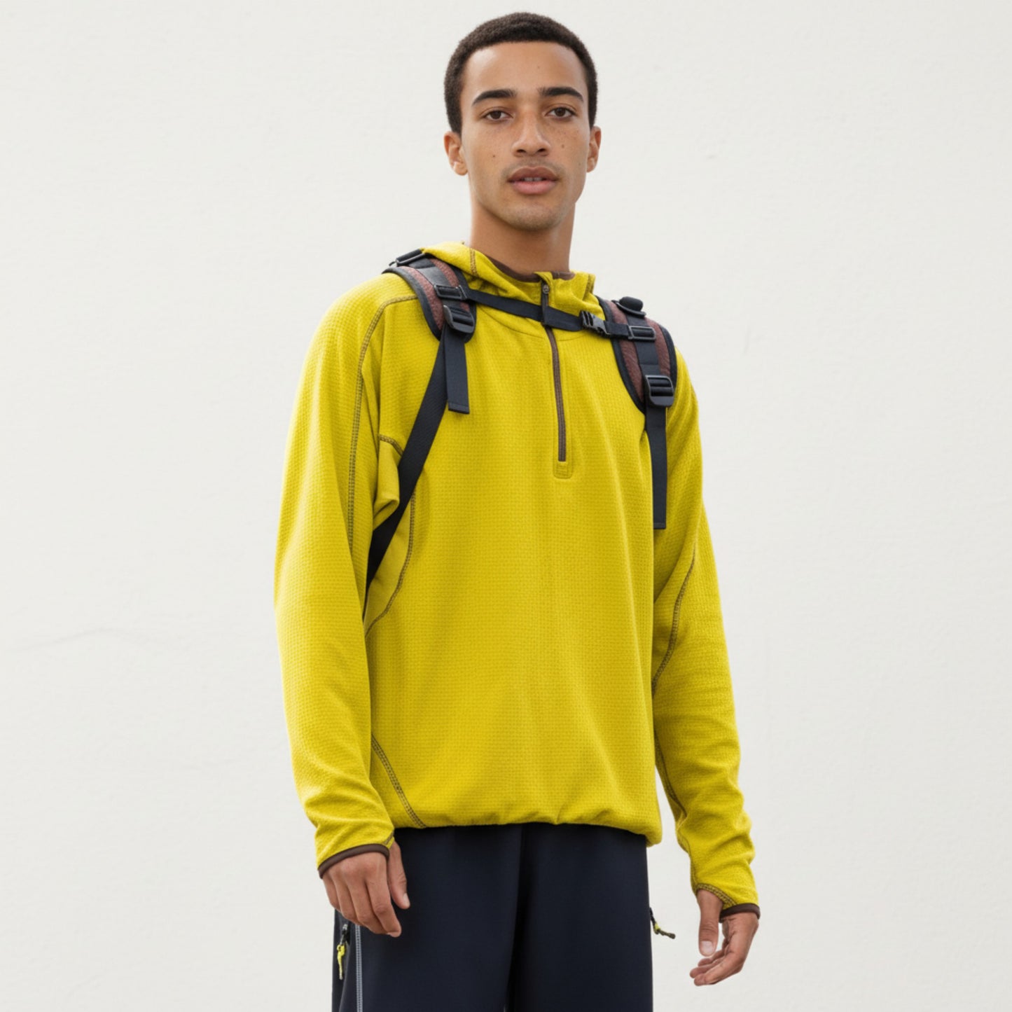 Men's Hooded Long Sleeve Pullover Top with Half Zip Front and Contrast Seam Detailing