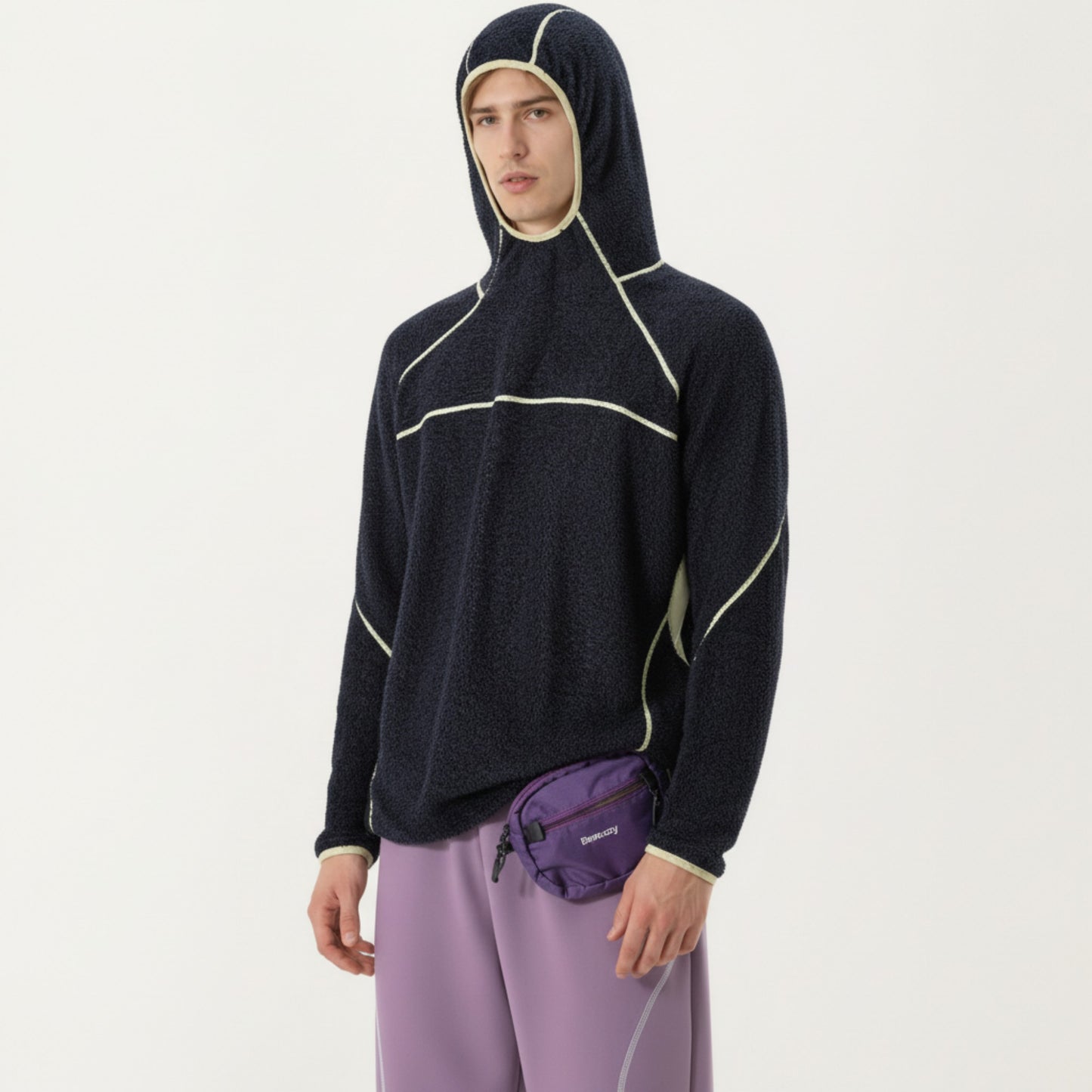 Men's Hooded Long Sleeve Pullover Top with Contrast Seam Detailing and Stretch Knit Construction