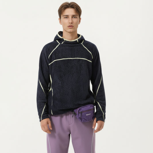 Men's Hooded Long Sleeve Pullover Top with Contrast Seam Detailing and Stretch Knit Construction