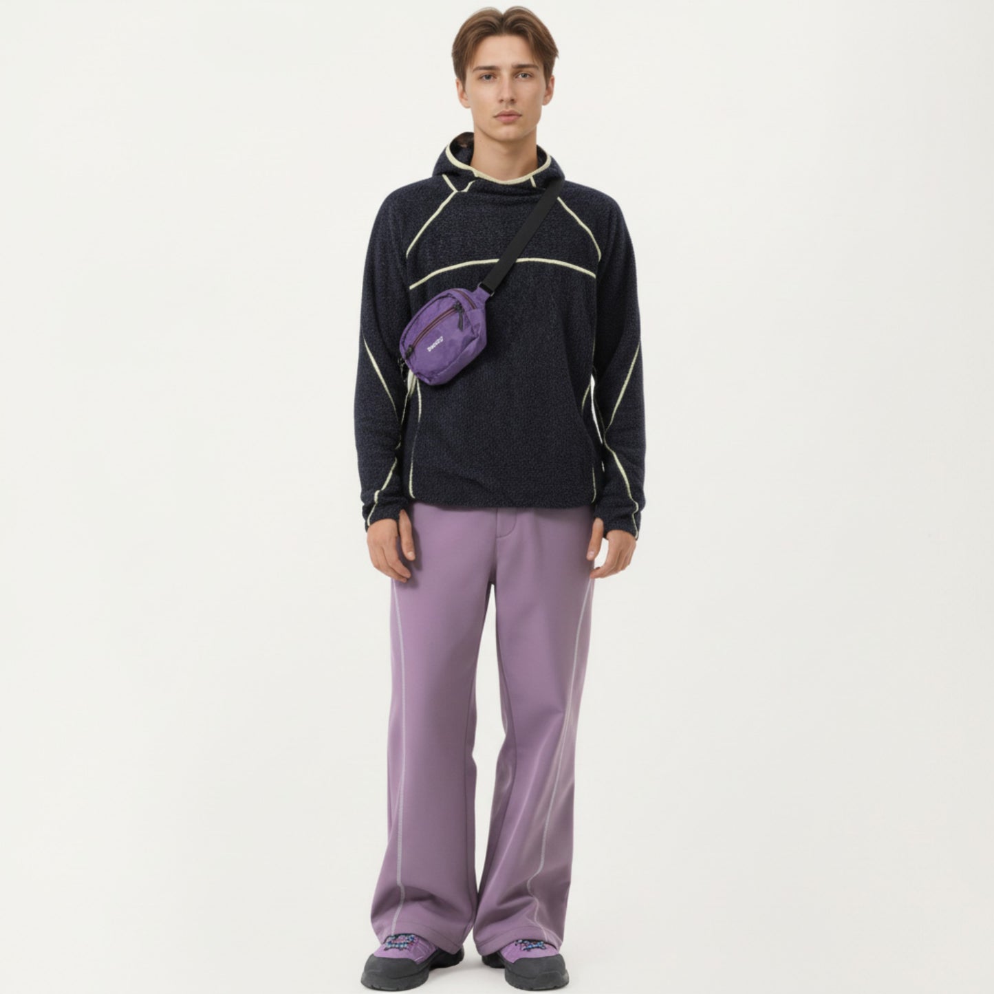 Men's Hooded Long Sleeve Pullover Top with Contrast Seam Detailing and Stretch Knit Construction