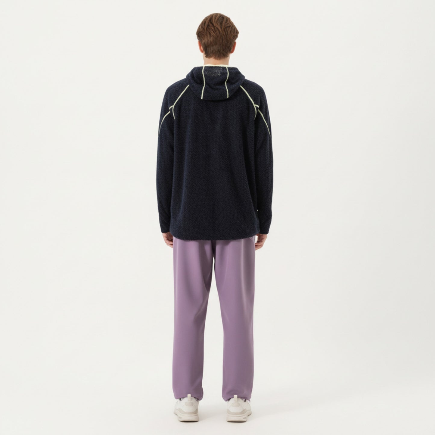 Men's Hooded Long Sleeve Pullover Top with Contrast Seam Detailing and Stretch Knit Construction
