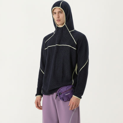 Men's Hooded Long Sleeve Pullover Top with Contrast Seam Detailing and Stretch Knit Construction