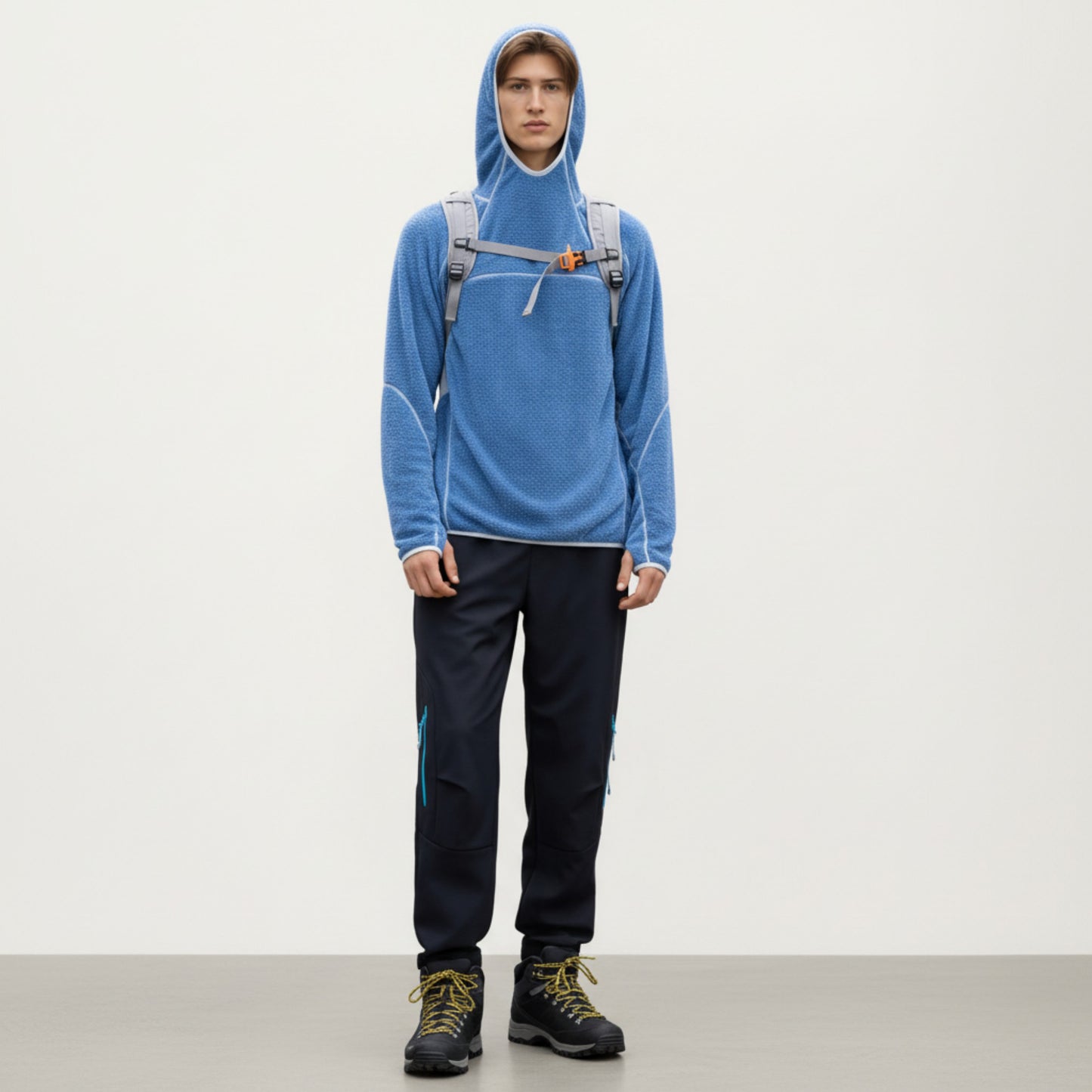 Men's Hooded Long Sleeve Pullover Top with Contrast Seam Detailing and Stretch Knit Construction