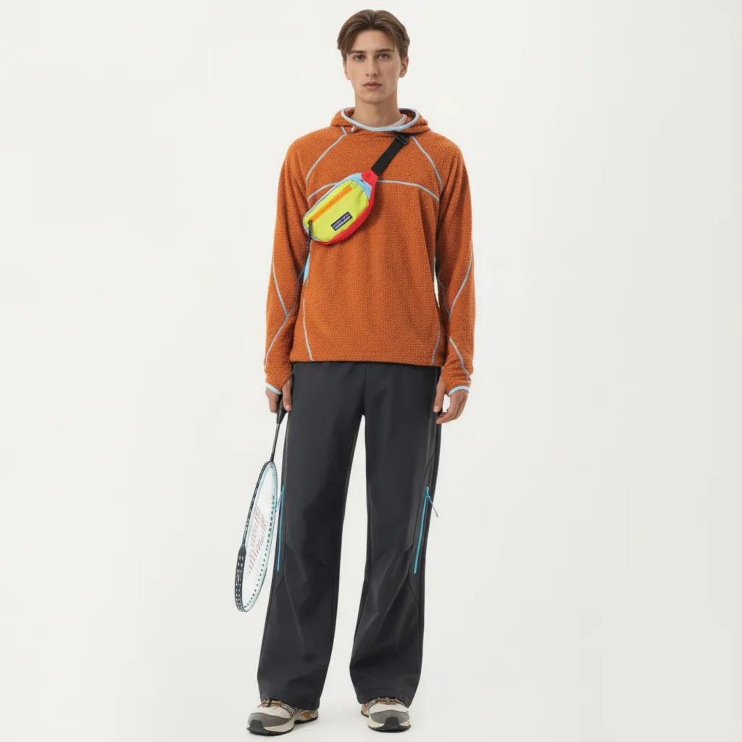 Men's Hooded Long Sleeve Pullover Top with Contrast Seam Detailing and Stretch Knit Construction
