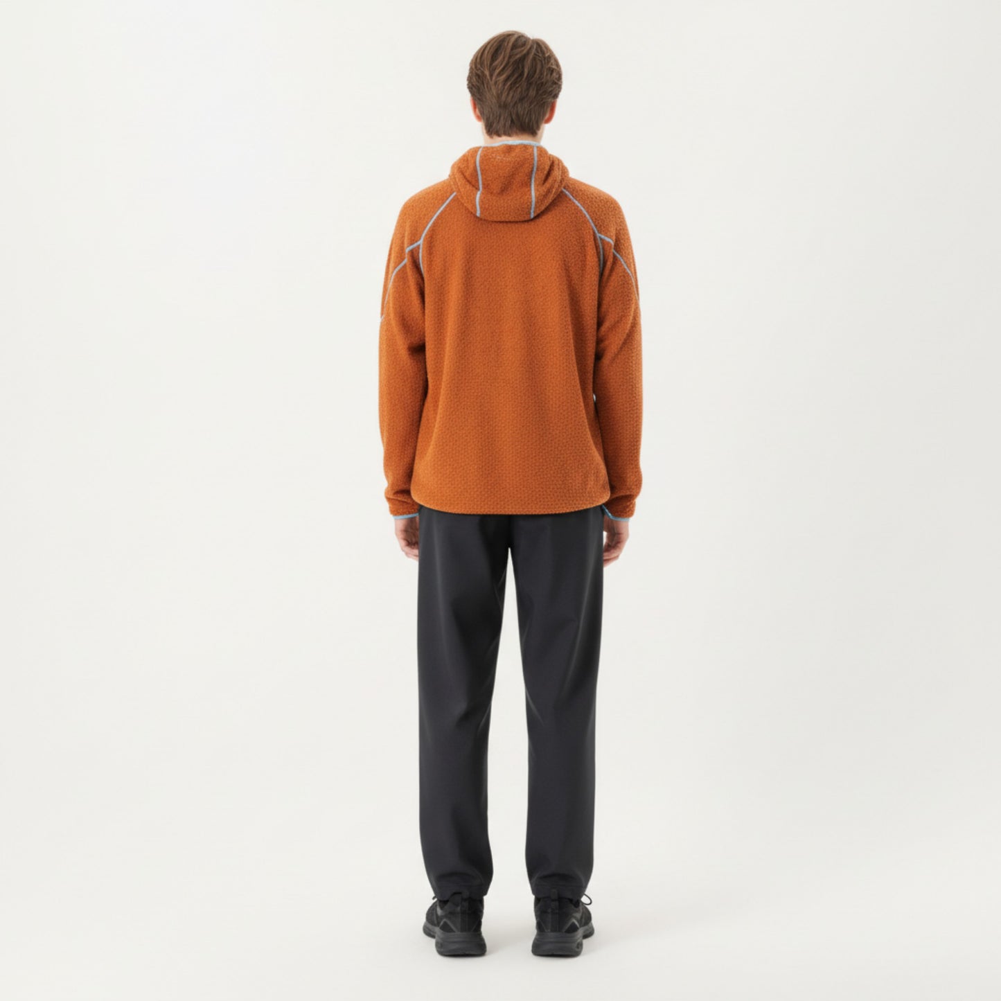 Men's Hooded Long Sleeve Pullover Top with Contrast Seam Detailing and Stretch Knit Construction