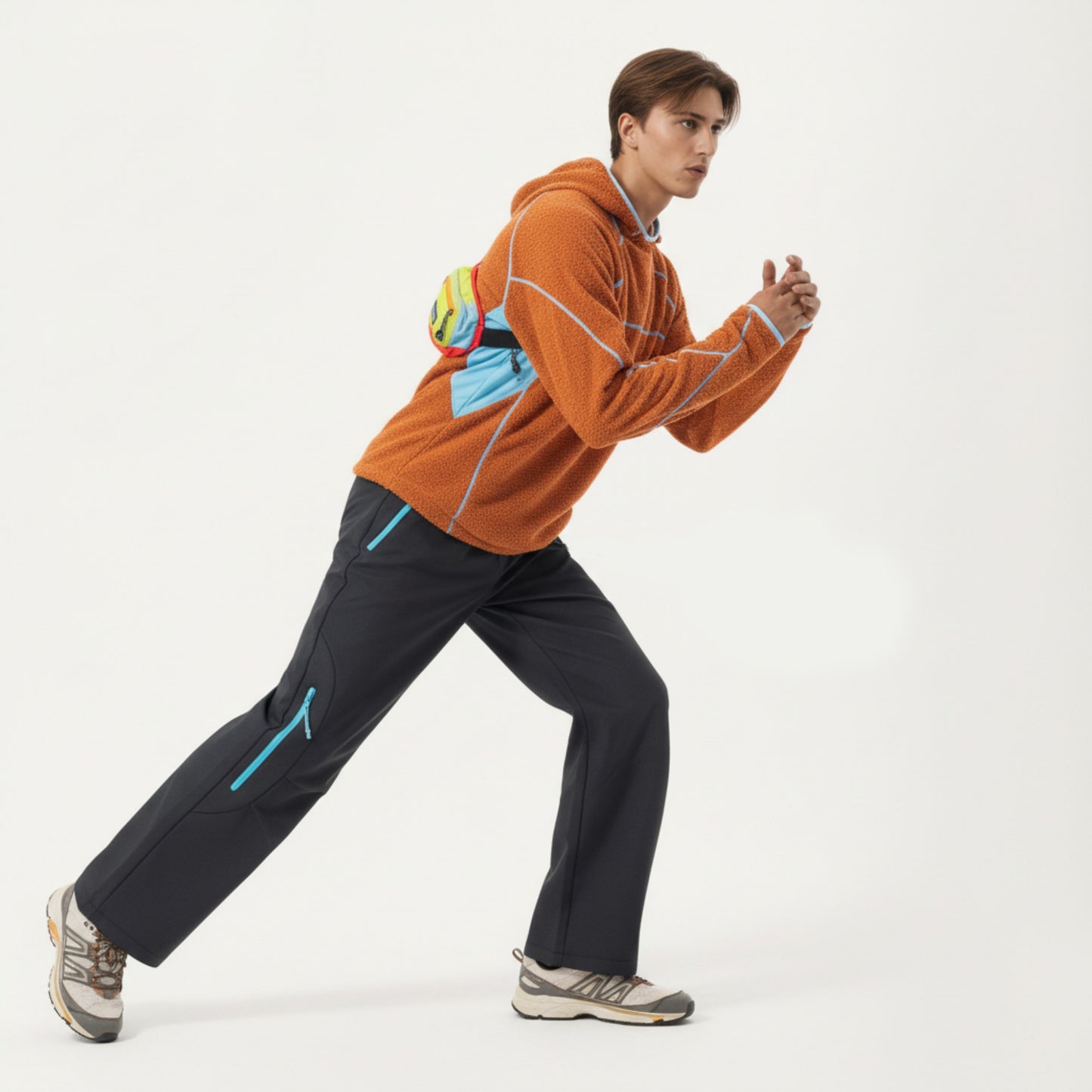 Men's Hooded Long Sleeve Pullover Top with Contrast Seam Detailing and Stretch Knit Construction