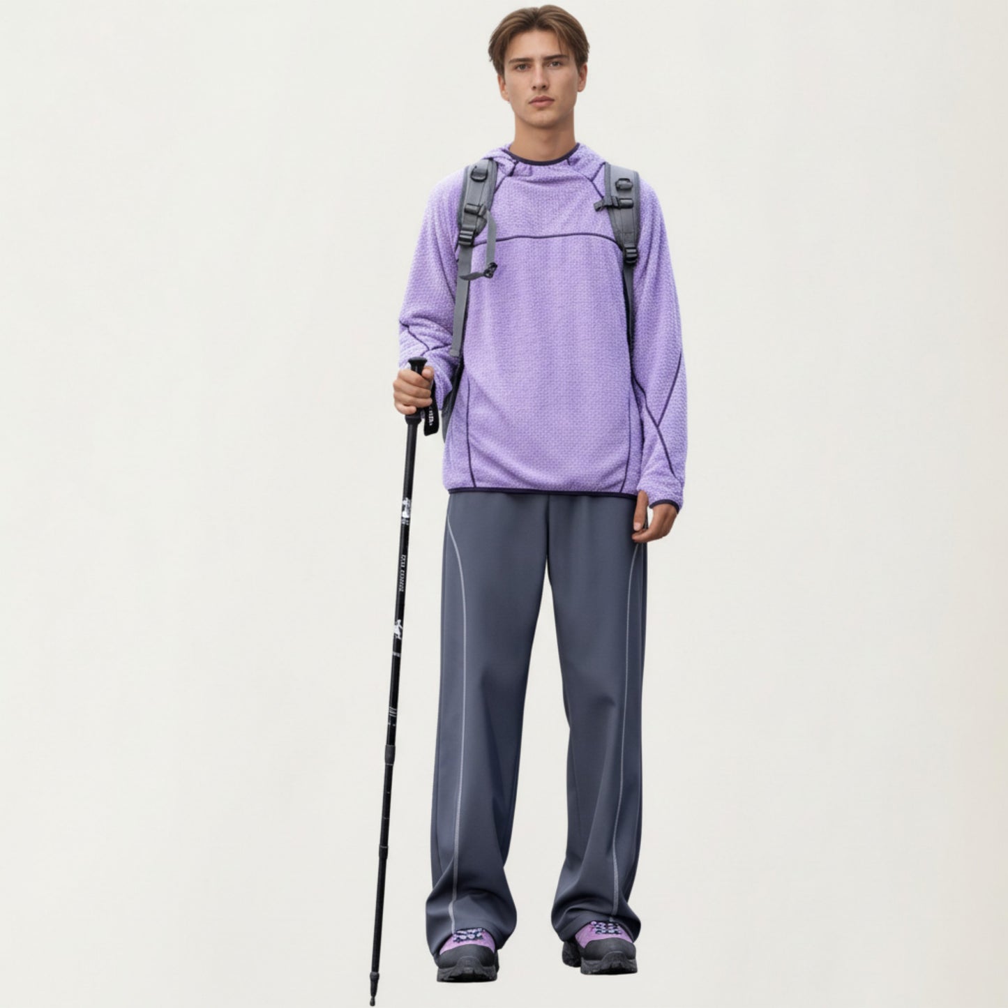 Men's Hooded Long Sleeve Pullover Top with Contrast Seam Detailing and Stretch Knit Construction