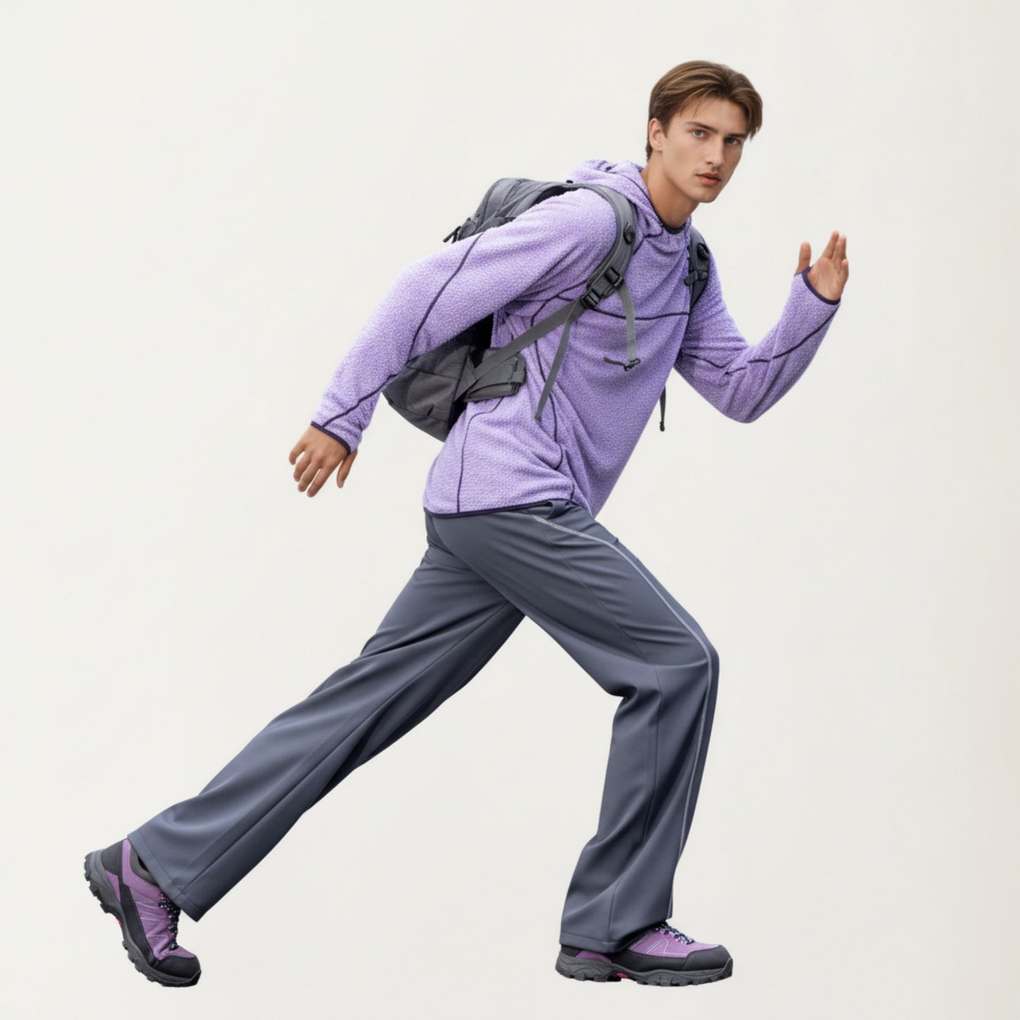 Men's Hooded Long Sleeve Pullover Top with Contrast Seam Detailing and Stretch Knit Construction