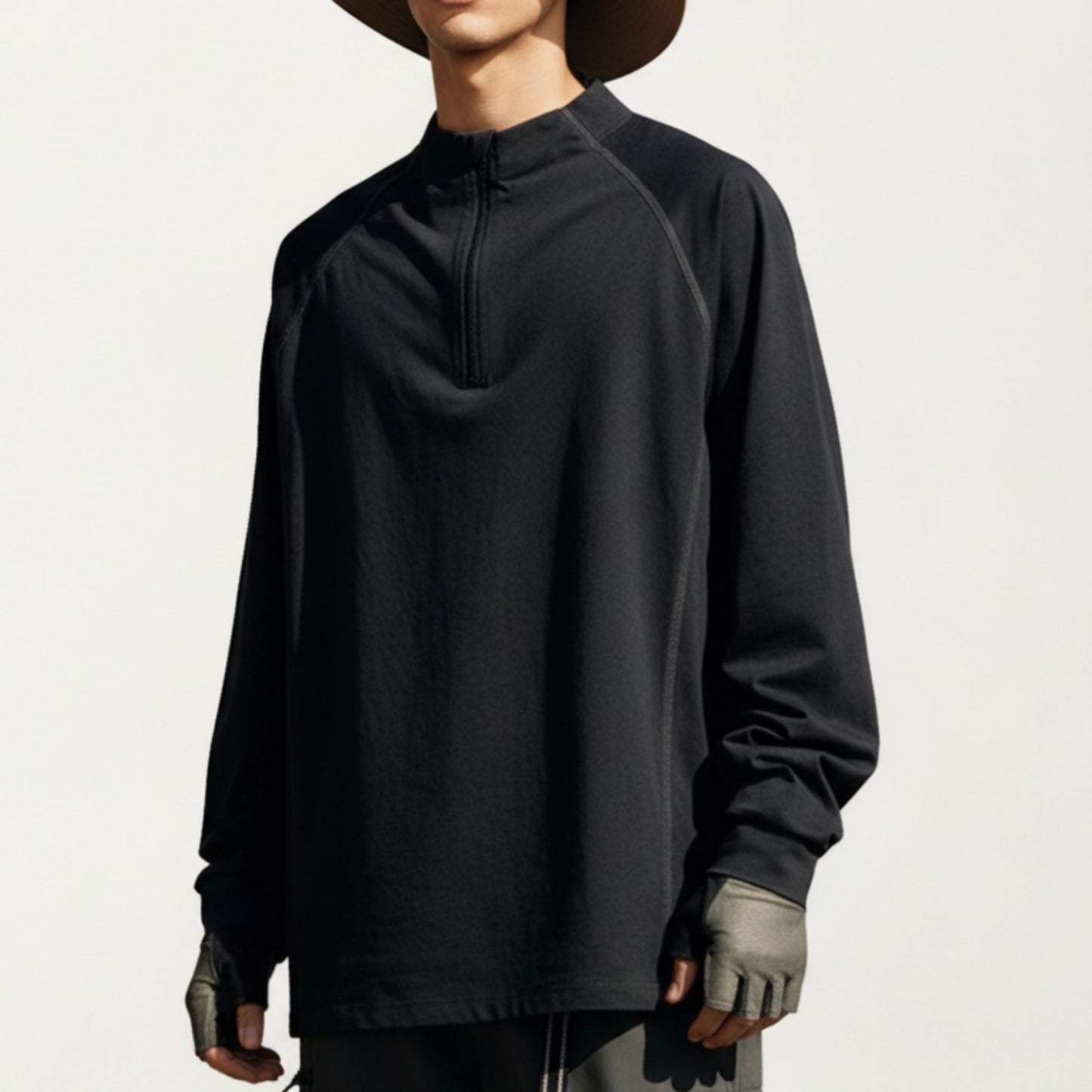 Men's Long Sleeve Half Zip Athletic Top with Stand Collar and Thumbhole Cuffs