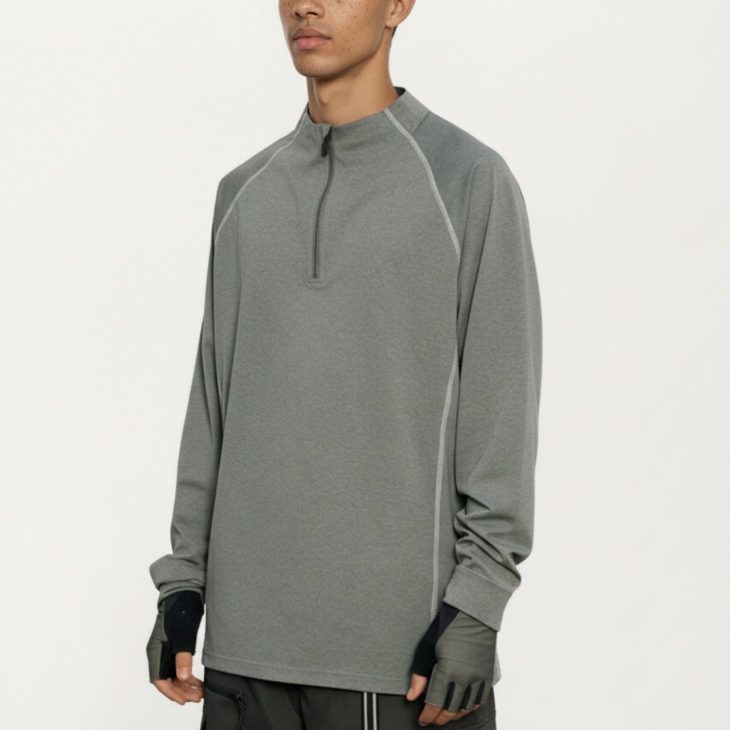 Men's Long Sleeve Half Zip Athletic Top with Stand Collar and Thumbhole Cuffs
