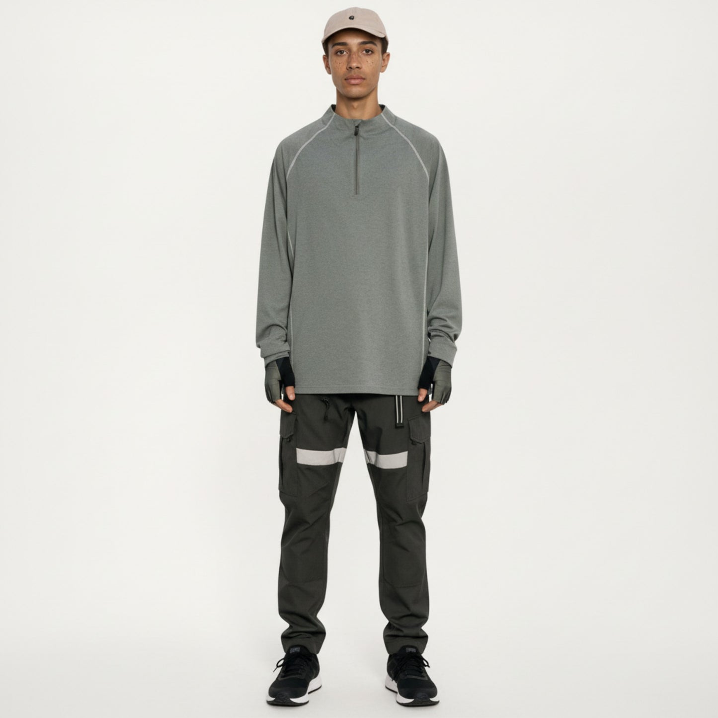 Men's Long Sleeve Half Zip Athletic Top with Stand Collar and Thumbhole Cuffs