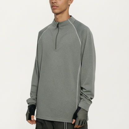 Men's Long Sleeve Half Zip Athletic Top with Stand Collar and Thumbhole Cuffs