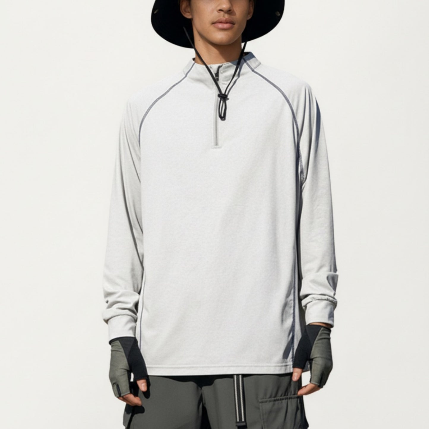 Men's Long Sleeve Half Zip Athletic Top with Stand Collar and Thumbhole Cuffs