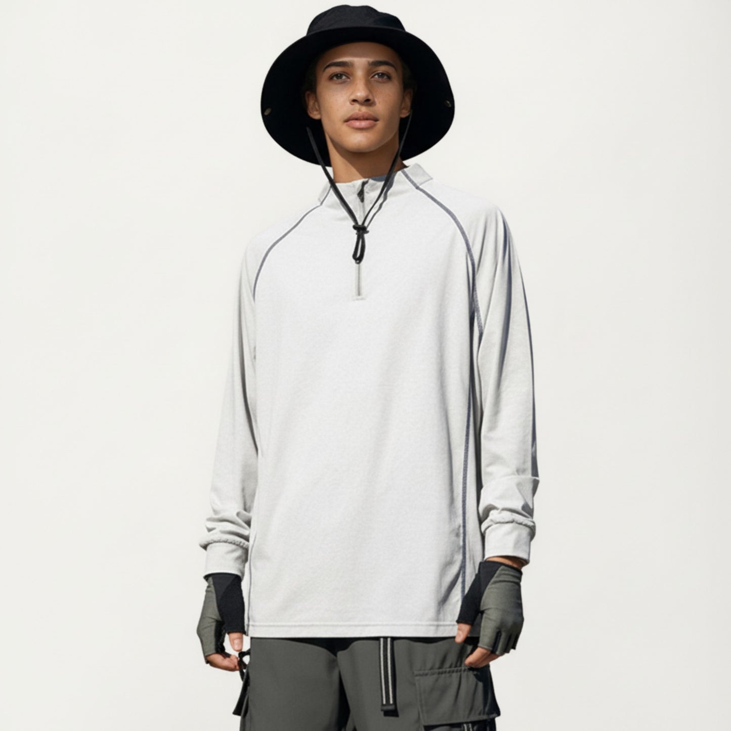 Men's Long Sleeve Half Zip Athletic Top with Stand Collar and Thumbhole Cuffs