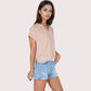 Women's V-Neck Short Sleeve Blouse with Rolled Cuffs and Soft Pleated Collar Detail - Small, Green