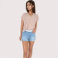 Women's V-Neck Short Sleeve Blouse with Rolled Cuffs and Soft Pleated Collar Detail - Small, Green