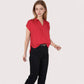 Women's V-Neck Short Sleeve Blouse with Rolled Cuffs and Soft Pleated Collar Detail - Small, Green