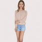 Women's Sheer Yoke Long Sleeve Blouse with Ruffle Neckline and Cinched Waist Detail - Small, Green