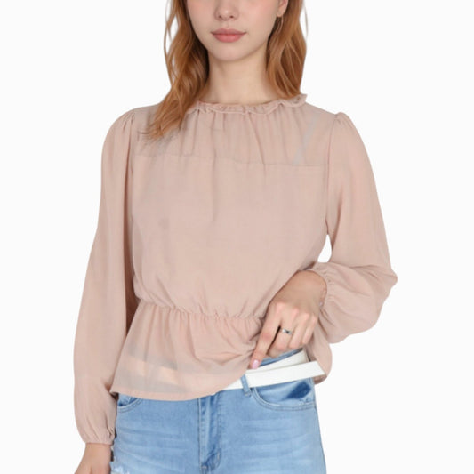 Women's Sheer Yoke Long Sleeve Blouse with Ruffle Neckline and Cinched Waist Detail - Small, Green