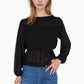 Women's Sheer Yoke Long Sleeve Blouse with Ruffle Neckline and Cinched Waist Detail - Small, Green