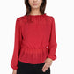 Women's Sheer Yoke Long Sleeve Blouse with Ruffle Neckline and Cinched Waist Detail - Small, Green