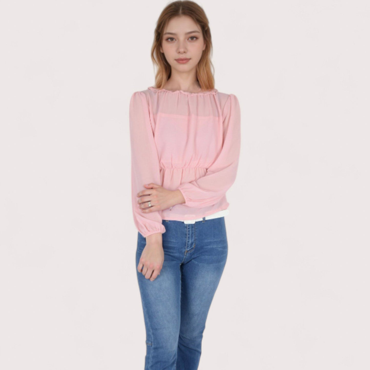 Women's Sheer Yoke Long Sleeve Blouse with Ruffle Neckline and Cinched Waist Detail - Small, Green