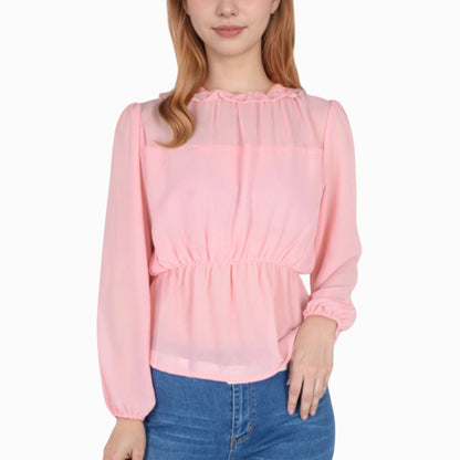 Women's Sheer Yoke Long Sleeve Blouse with Ruffle Neckline and Cinched Waist Detail - Small, Green