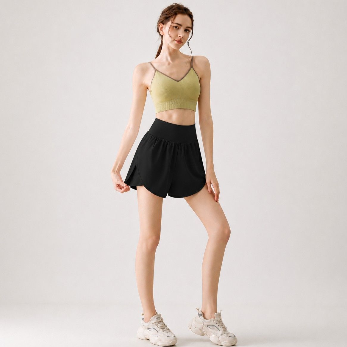 High Rise Running Shorts with Curved Hem and Side Pocket