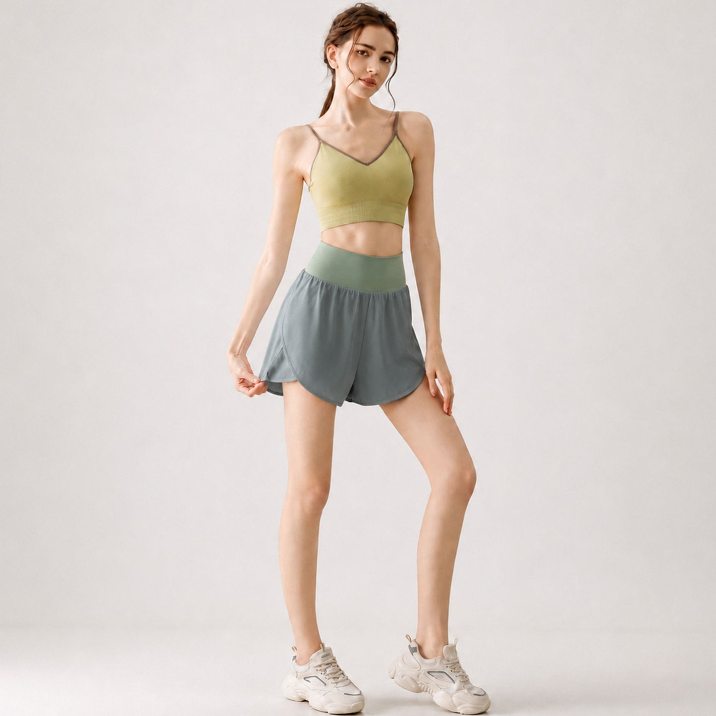 High Rise Running Shorts with Curved Hem and Side Pocket