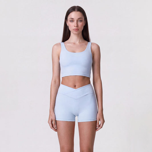 High Waist Crossover Athletic Shorts with Smooth Stretch Fabric and Fitted Biker Short Length